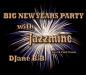 Preview: Foto: Big New Year’s Party mit Jazzmine Ein dunkler Hintergrund mit einem großen, hellen Feuerwerk in der Mitte. Darüber steht in großen goldenen Buchstaben: „BIG NEW YEARS PARTY with Jazzmine“. Darunter folgt in kleinerer Schrift „DJane B.B.“ und „Soul &